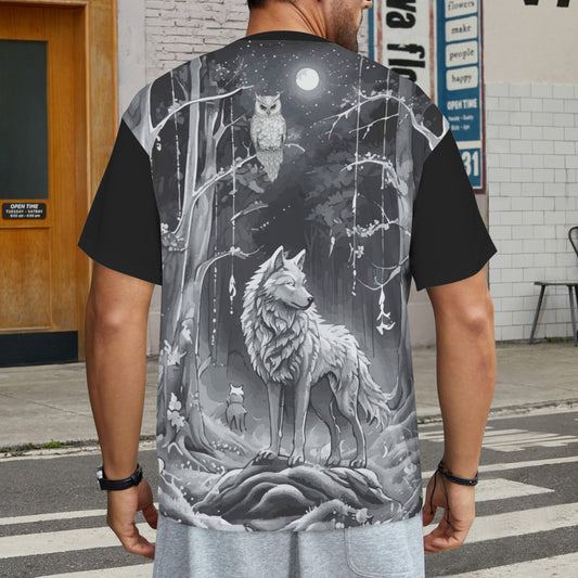 Wolf in Moonlit Forest Men's All Over Print Ribbed Collar T-Shirt (Model T94)