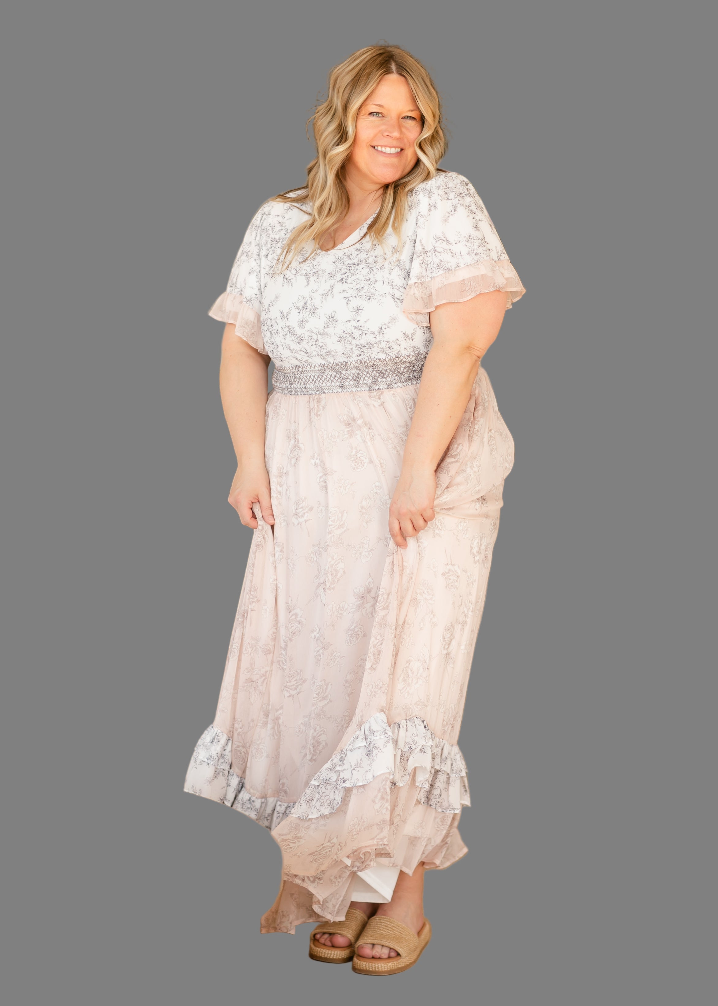 Estelle Pink Floral Smocked Waist Maxi Dress