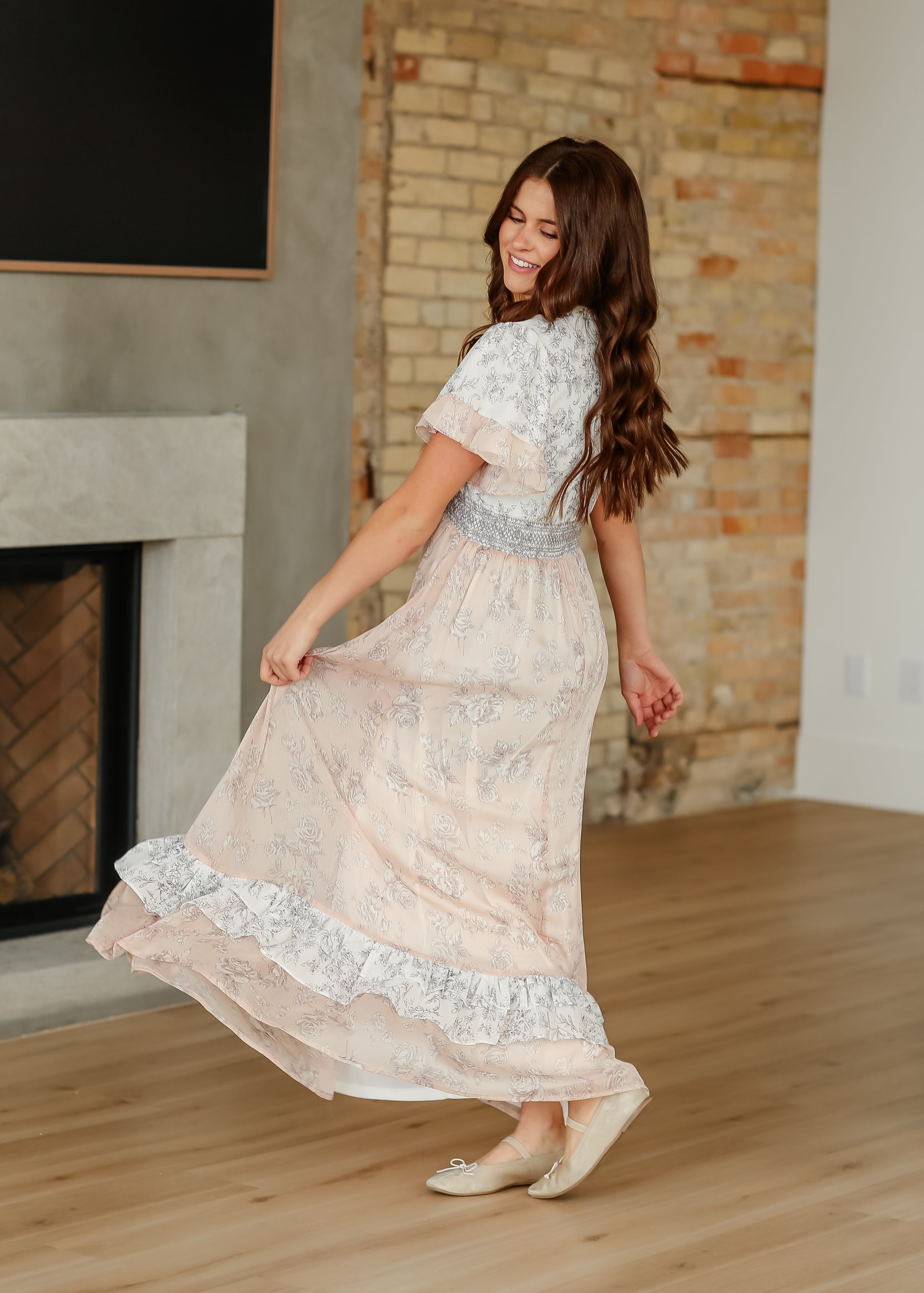 Estelle Pink Floral Smocked Waist Maxi Dress