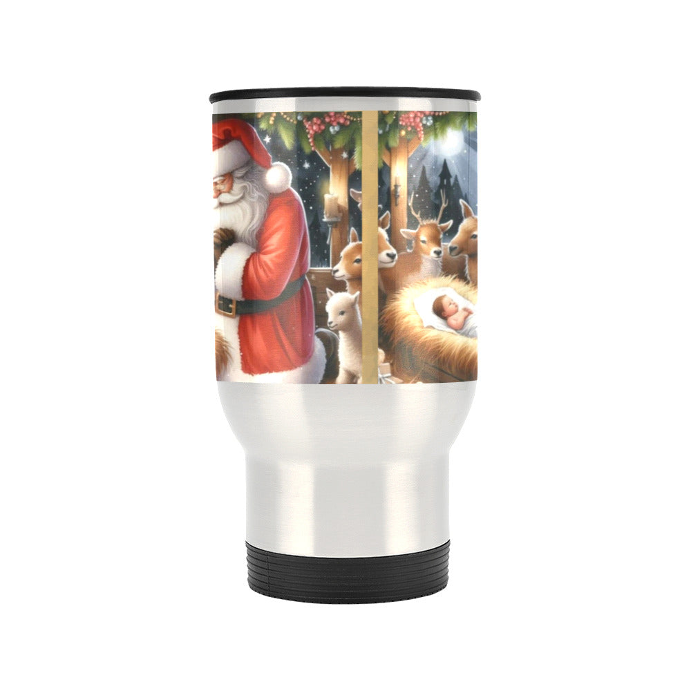 Santa with Baby Jesus Silver Travel Mug Tumbler - 14 oz (Made in USA)