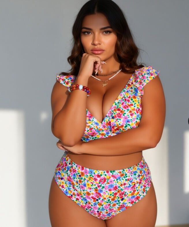 Women's Plus Size Colorful Floral Pattern Ruffled 2-piece Casual Swimsuit