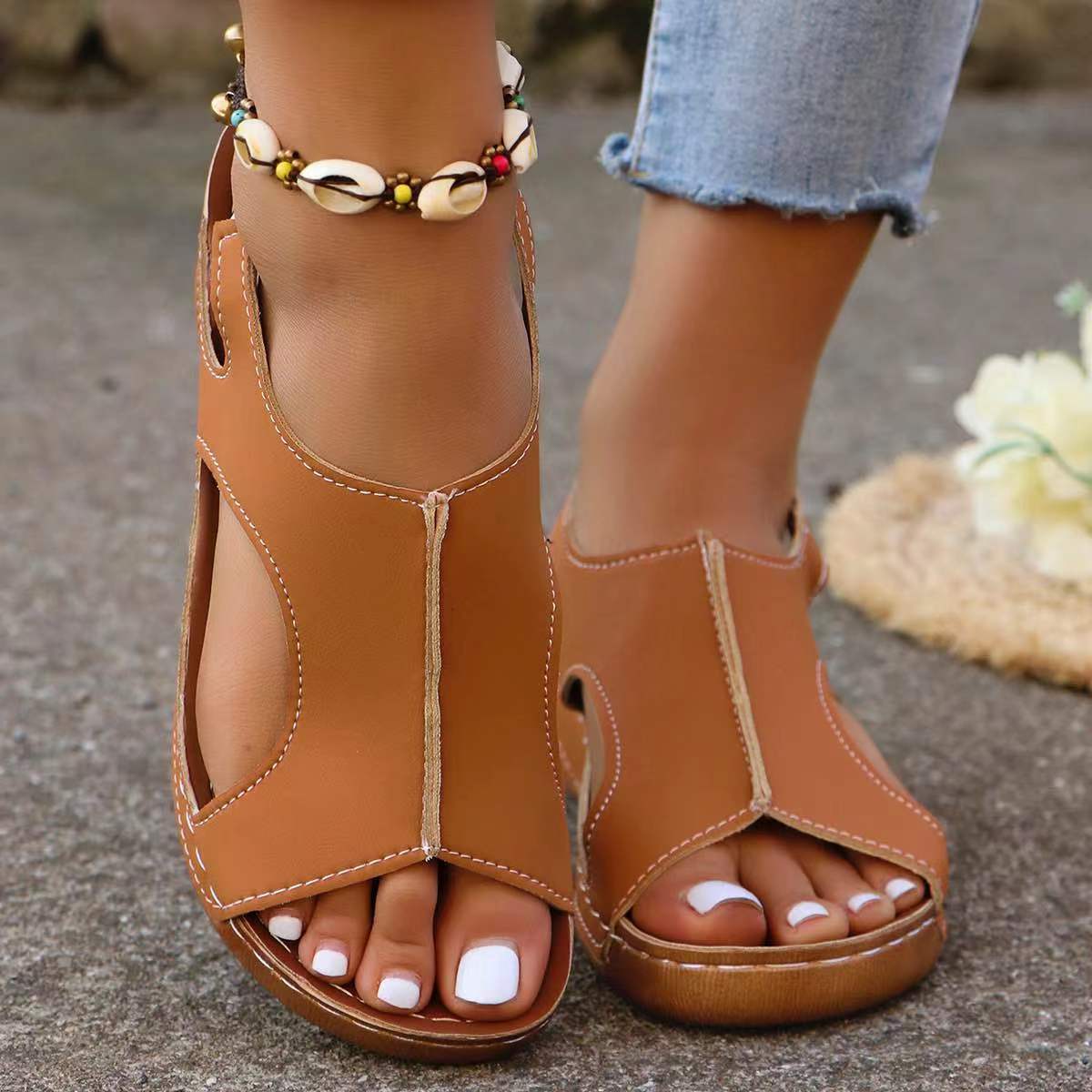 Women's Elastic Strap Recycled Leather Wedge Sandals