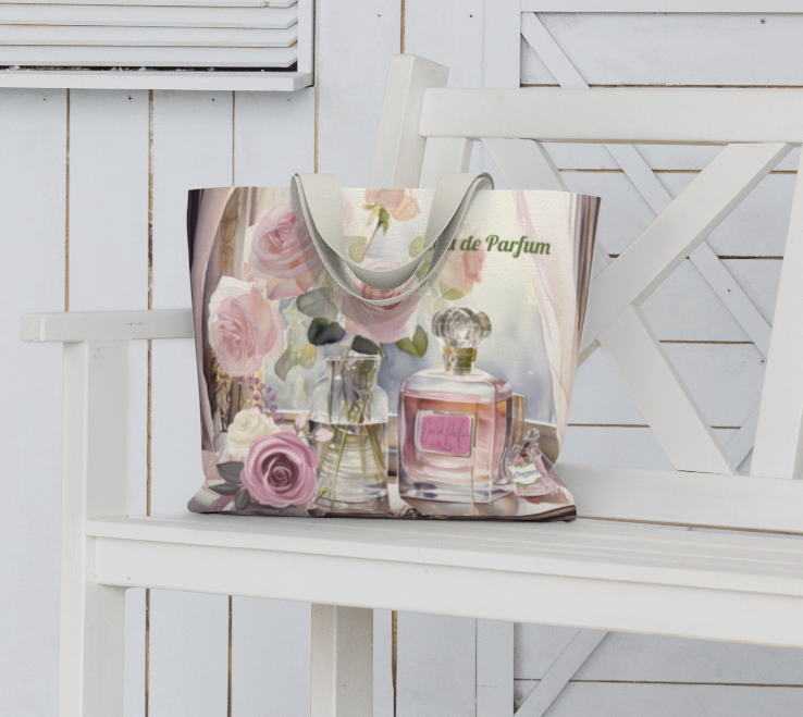 Floral-patterned handbag and perfume bottle on a white bench with a white wooden background
