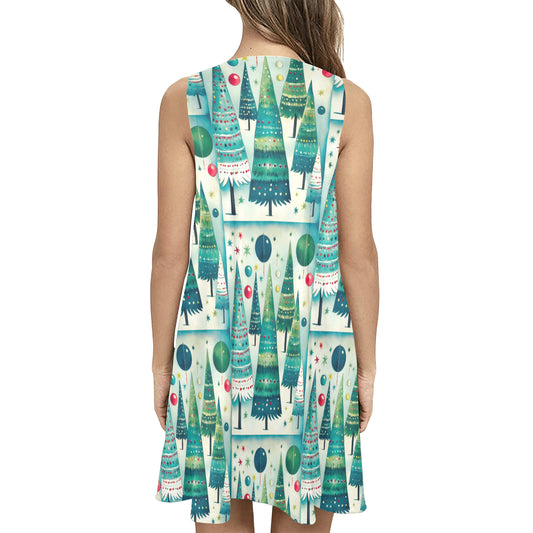 Vintage Christmas Tree Design Sleeveless A-Line Pocket Short Dress