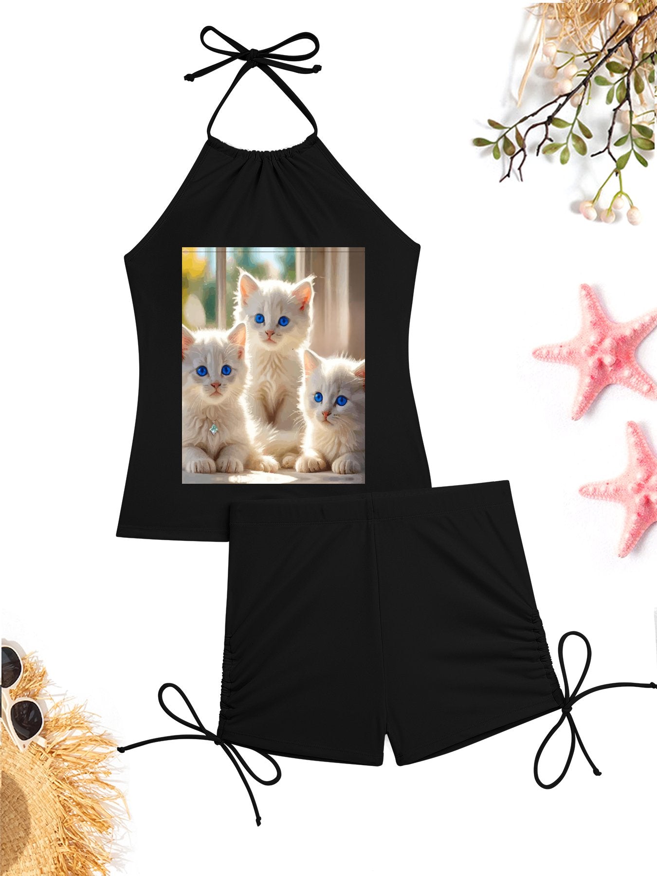 Fluffy White Kittens with Blue Eyes Tankini Swimsuit with Shorts for Women (Front Printing)
