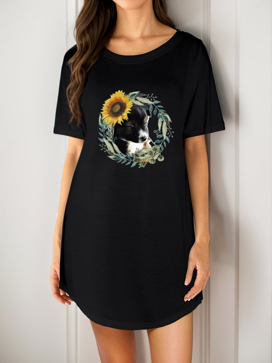 Cute Black Puppy Casual Summer Short T-Shirt Dress (Front Printing)