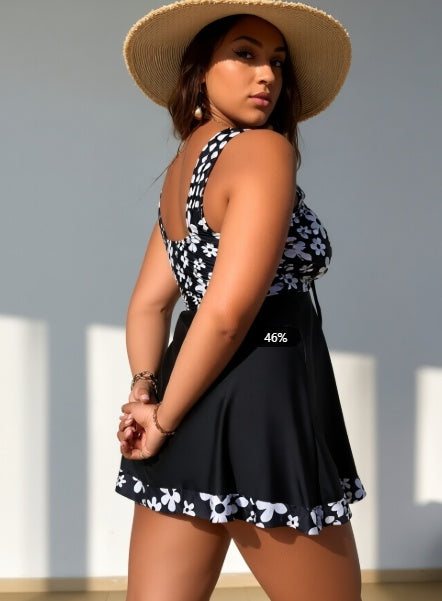 Women's Plus Size Black Floral One-piece Swim Dress