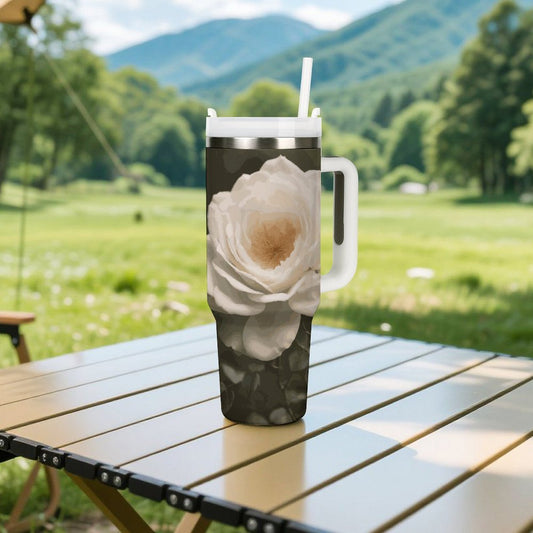 White Rose 40oz Large Capacity Stainless Steel Tumbler Cup