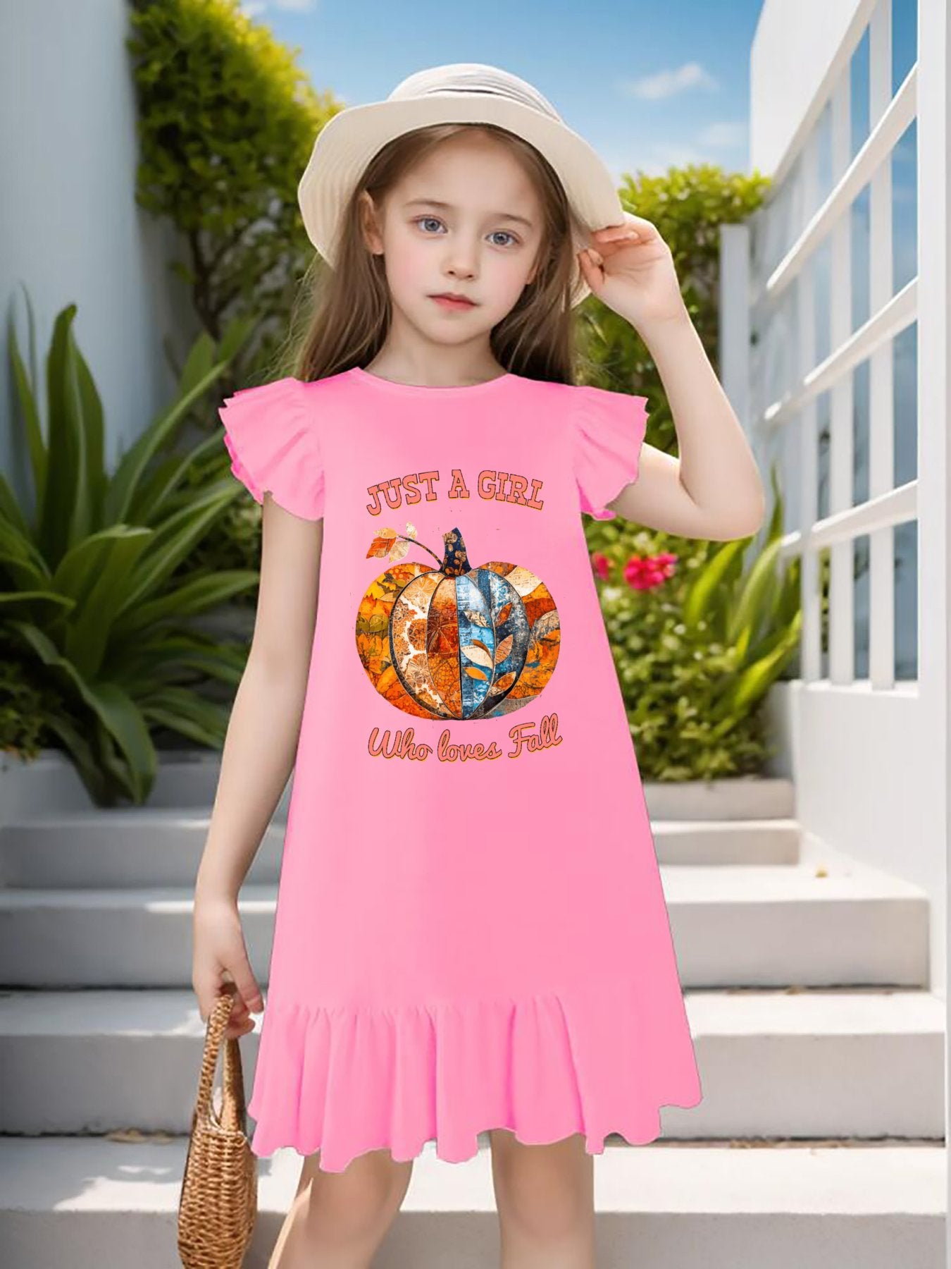 Just a Girl Who Loves Fall Pumpkins Flutter Sleeve Dress for Girls (Front Printing)