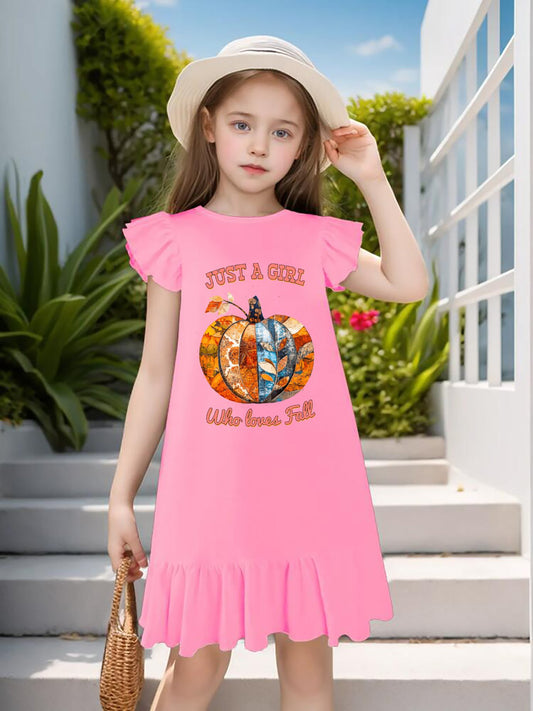 Just a Girl Who Loves Fall Pumpkins Flutter Sleeve Dress for Girls (Front Printing)