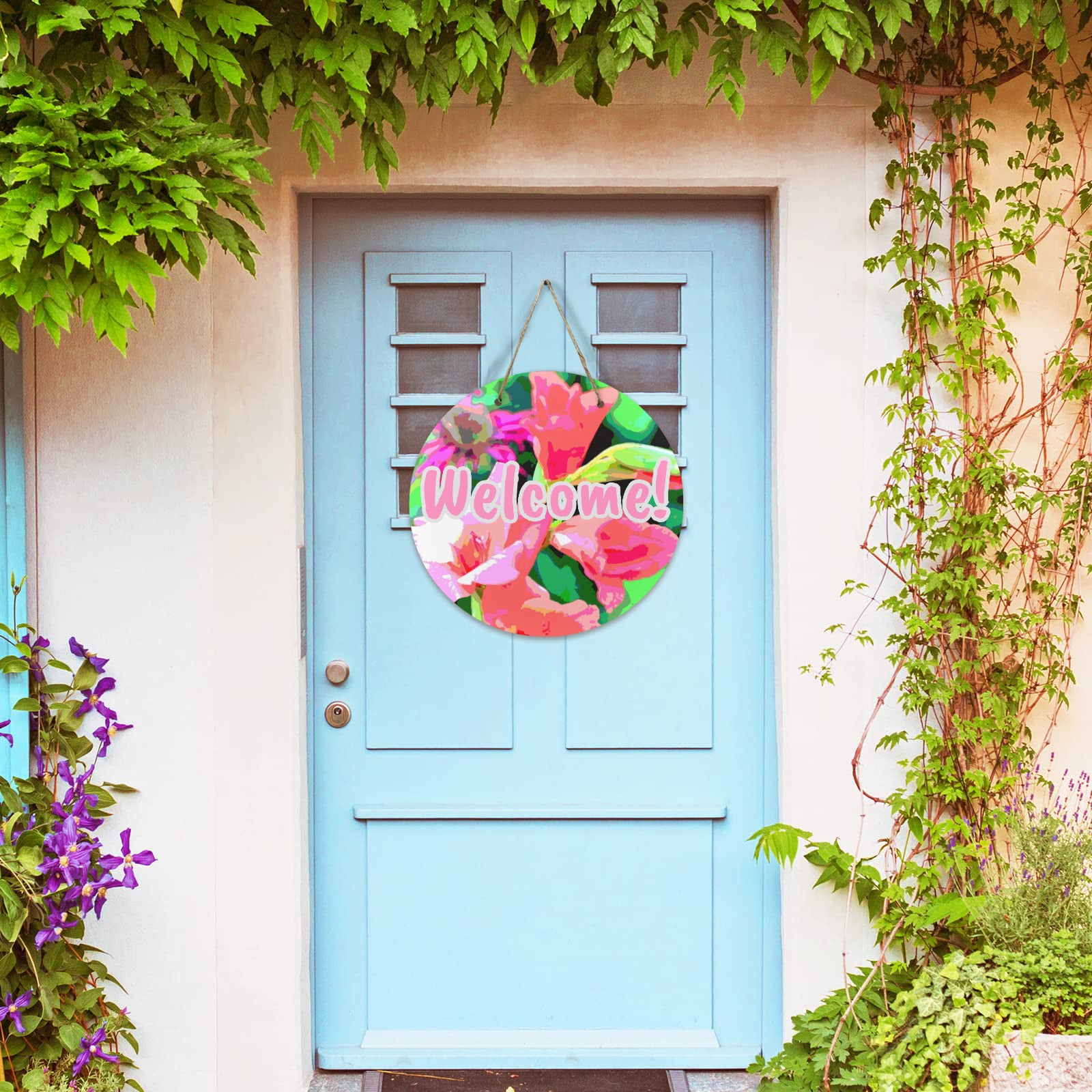 Pink Flowers Welcome Round Wooden Door Sign 11.8'' (Made in USA)