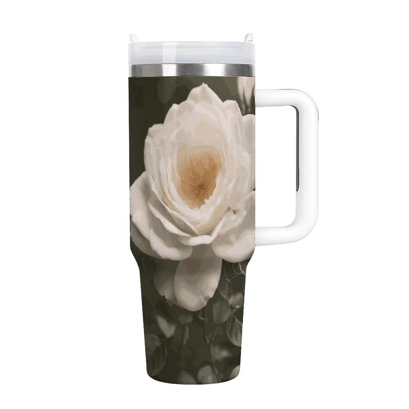White Rose 40oz Large Capacity Stainless Steel Tumbler Cup