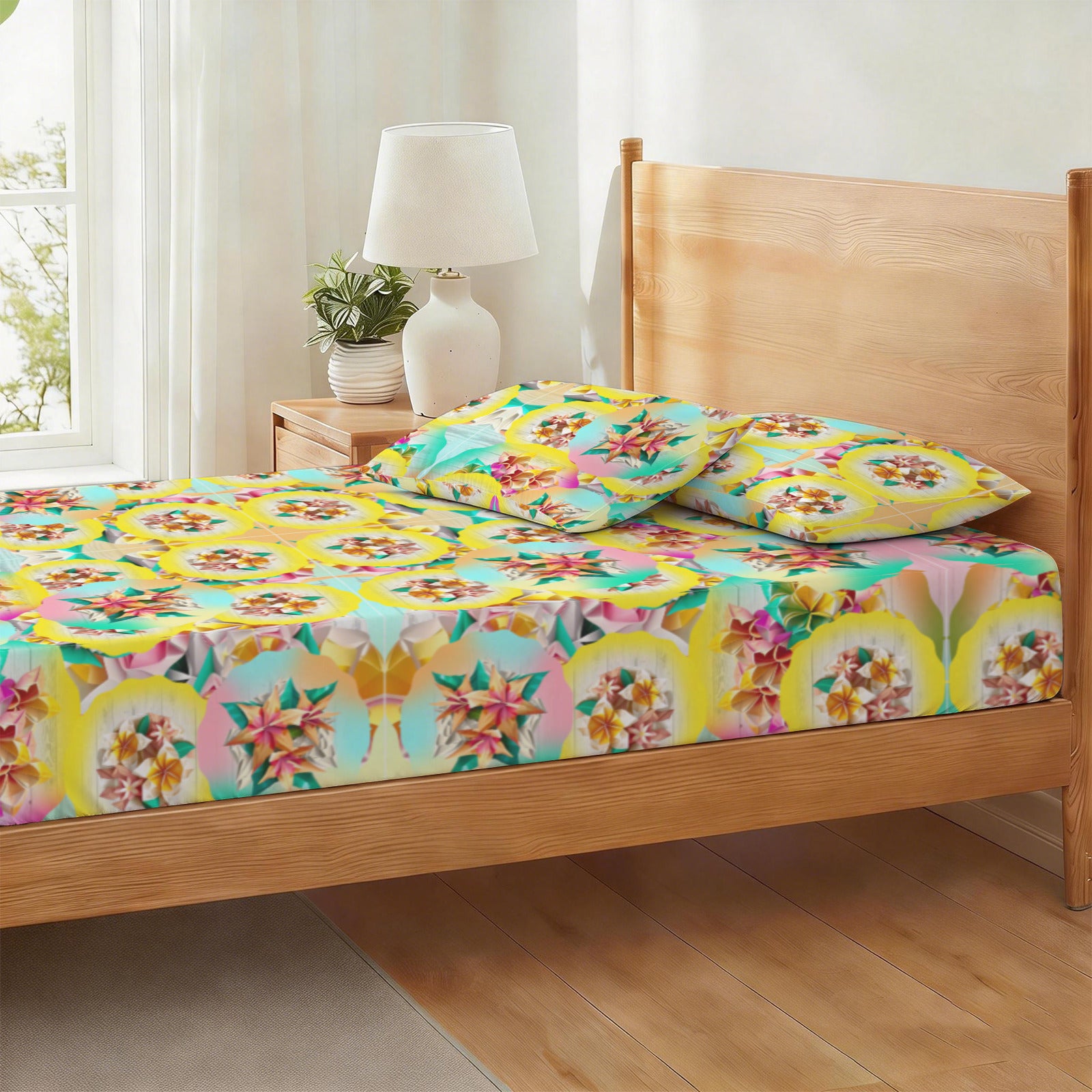 Circle Floral Pastel Pattern Twin Bedding Set (Fitted Sheet + Pillowcases) | Ships from USA