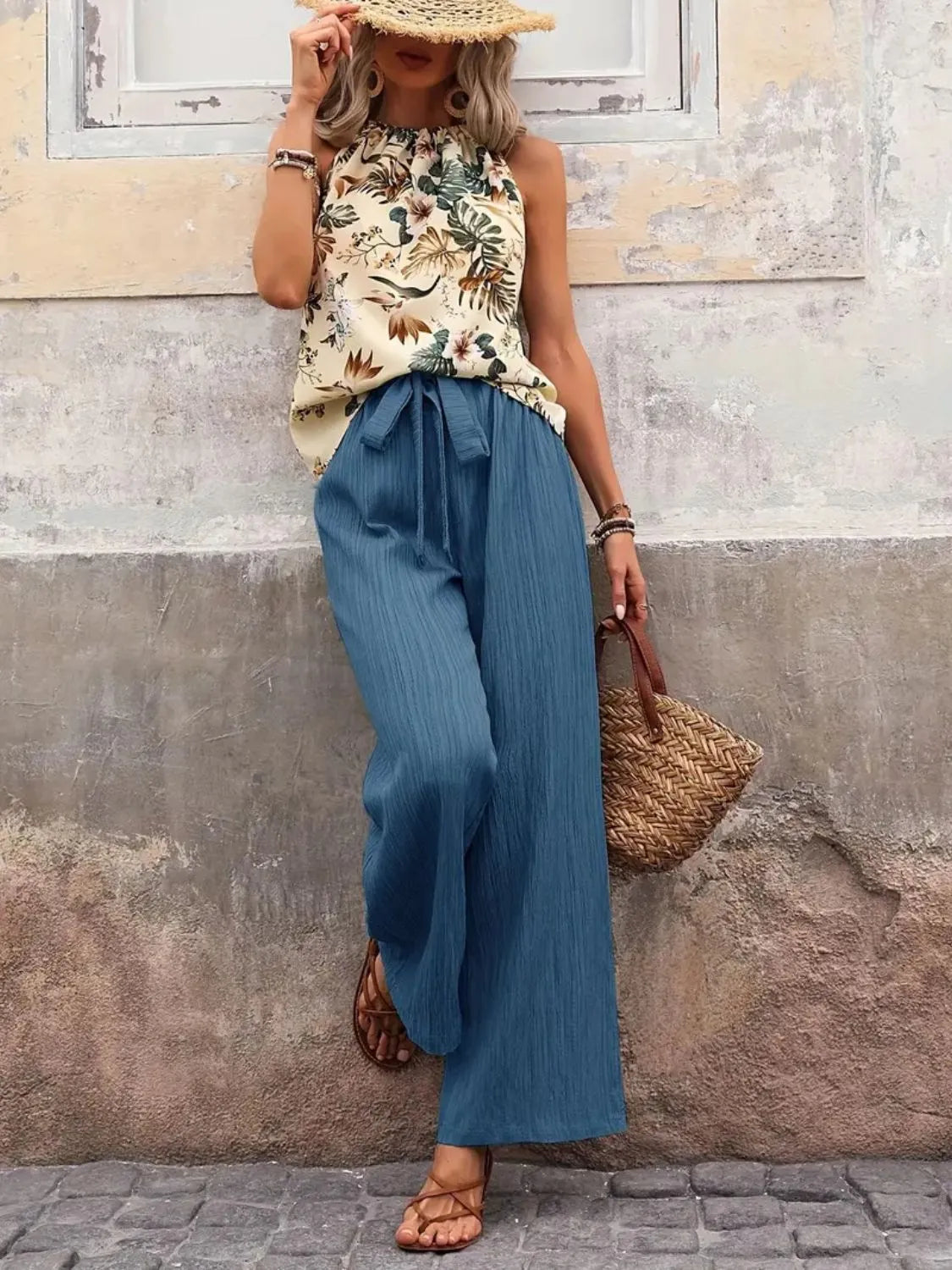 Women's Printed Tank Top and Wide Leg Pants Set Outfit