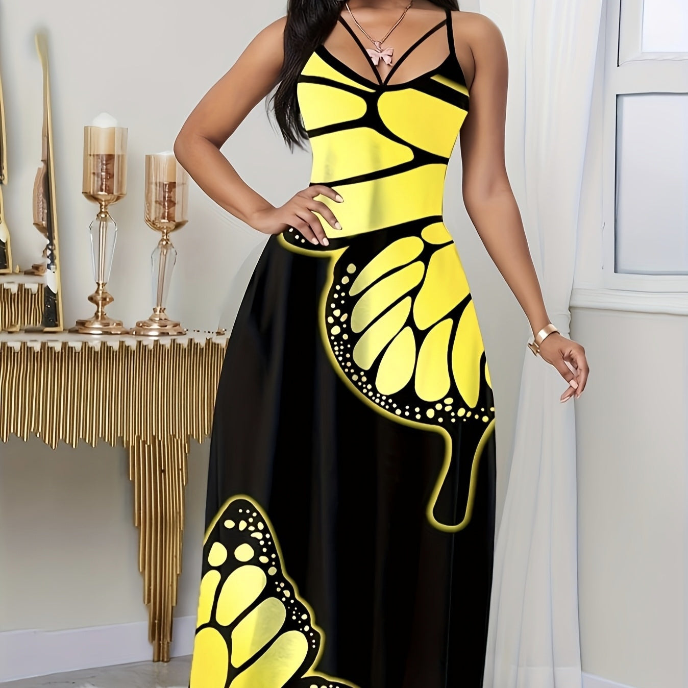 Ladies' V-neck Fashionable Butterfly Print Black Maxi Dress