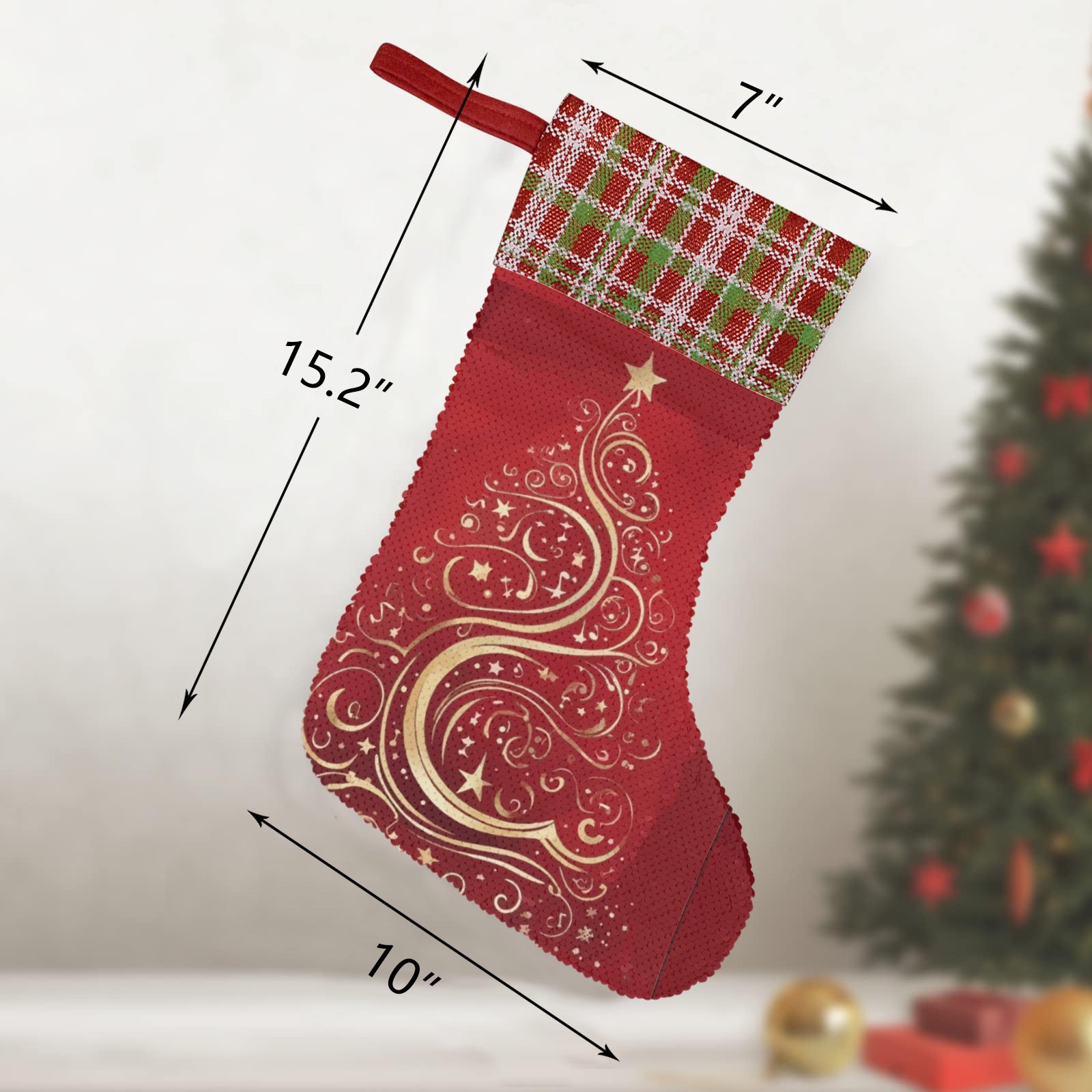 Gold Christmas Tree on Red Sequin Christmas Stocking (Made in USA)
