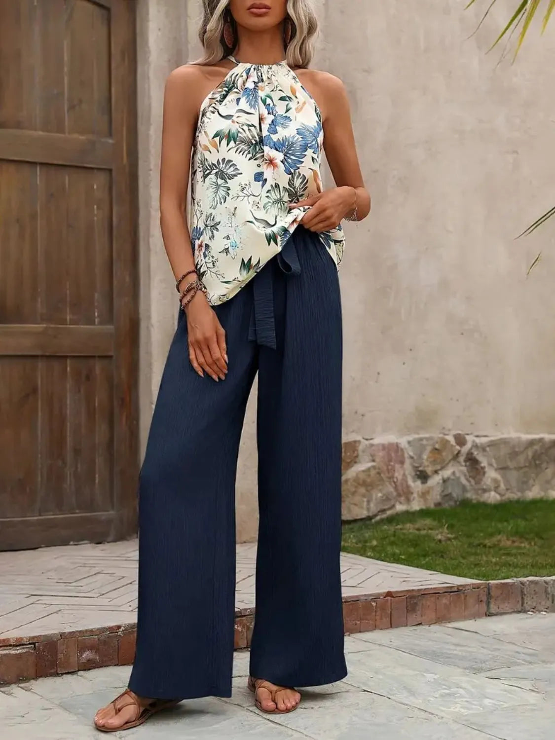 Women's Printed Tank Top and Wide Leg Pants Set Outfit