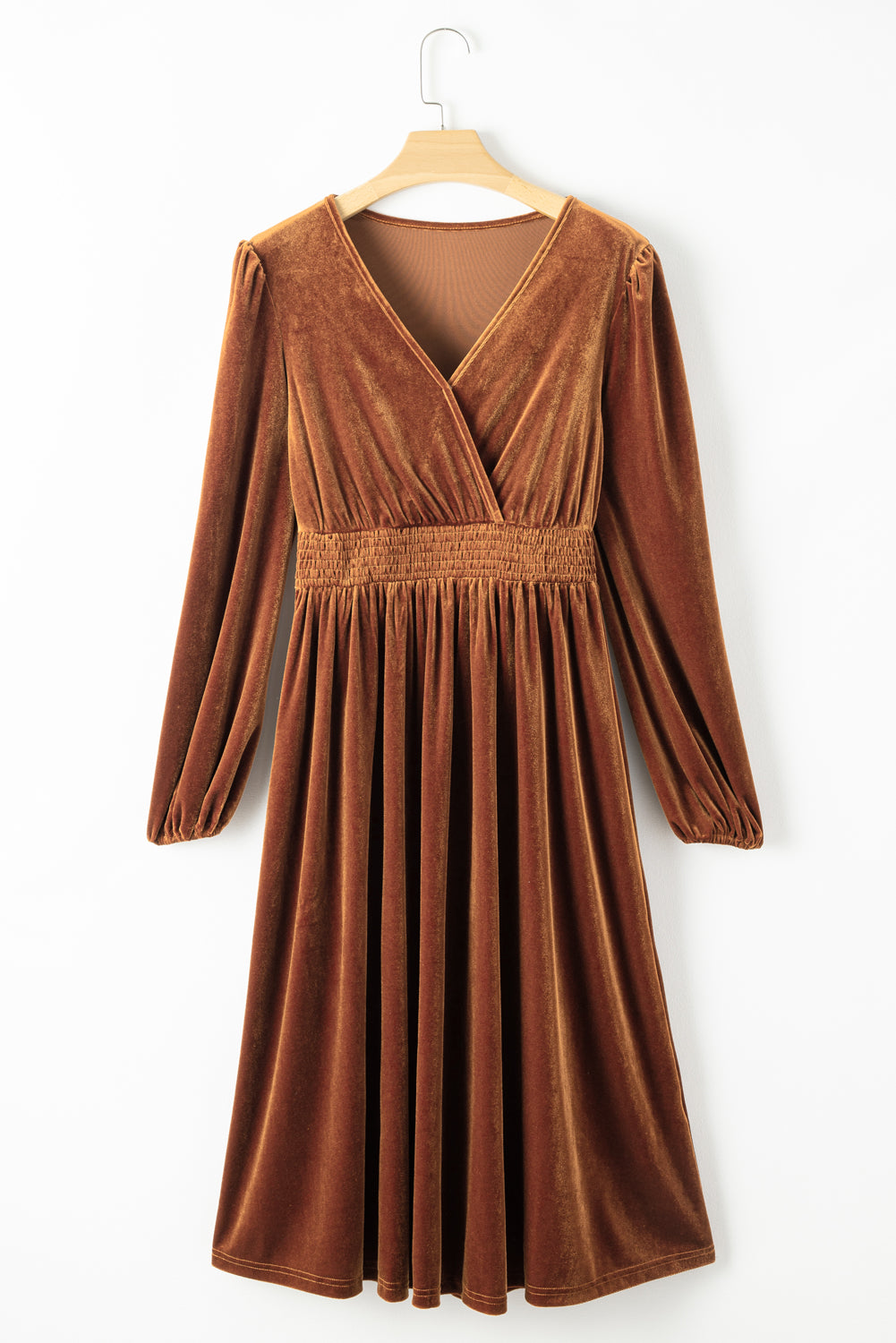 Camel V-neck Smocked High Waist Velvet Midi Dress