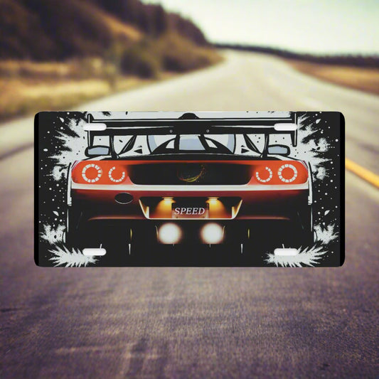 License plate with a racing car design on a white background