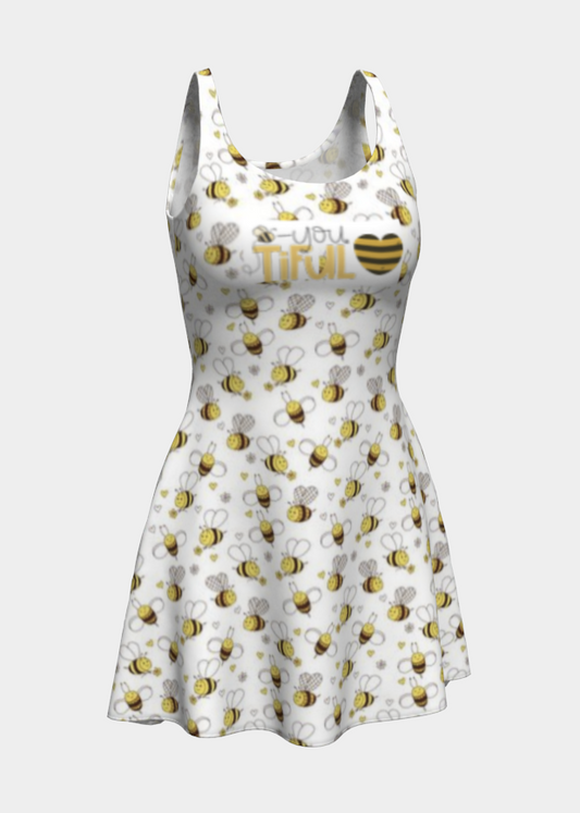 Dress with bee pattern and text on a white background
