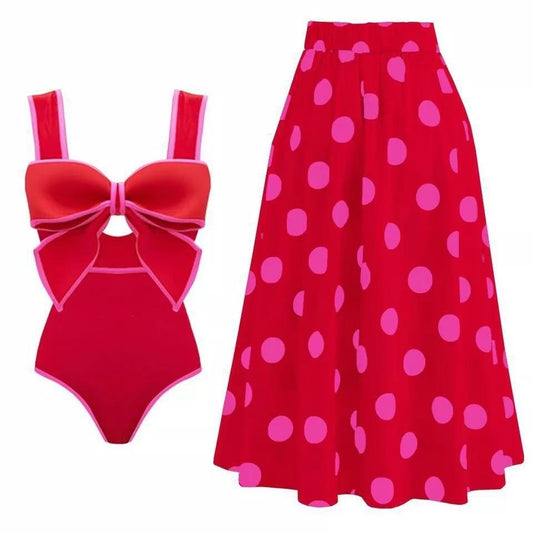 Women's Dotted 2-piece Swimsuit & Skirt Modest Beachwear
