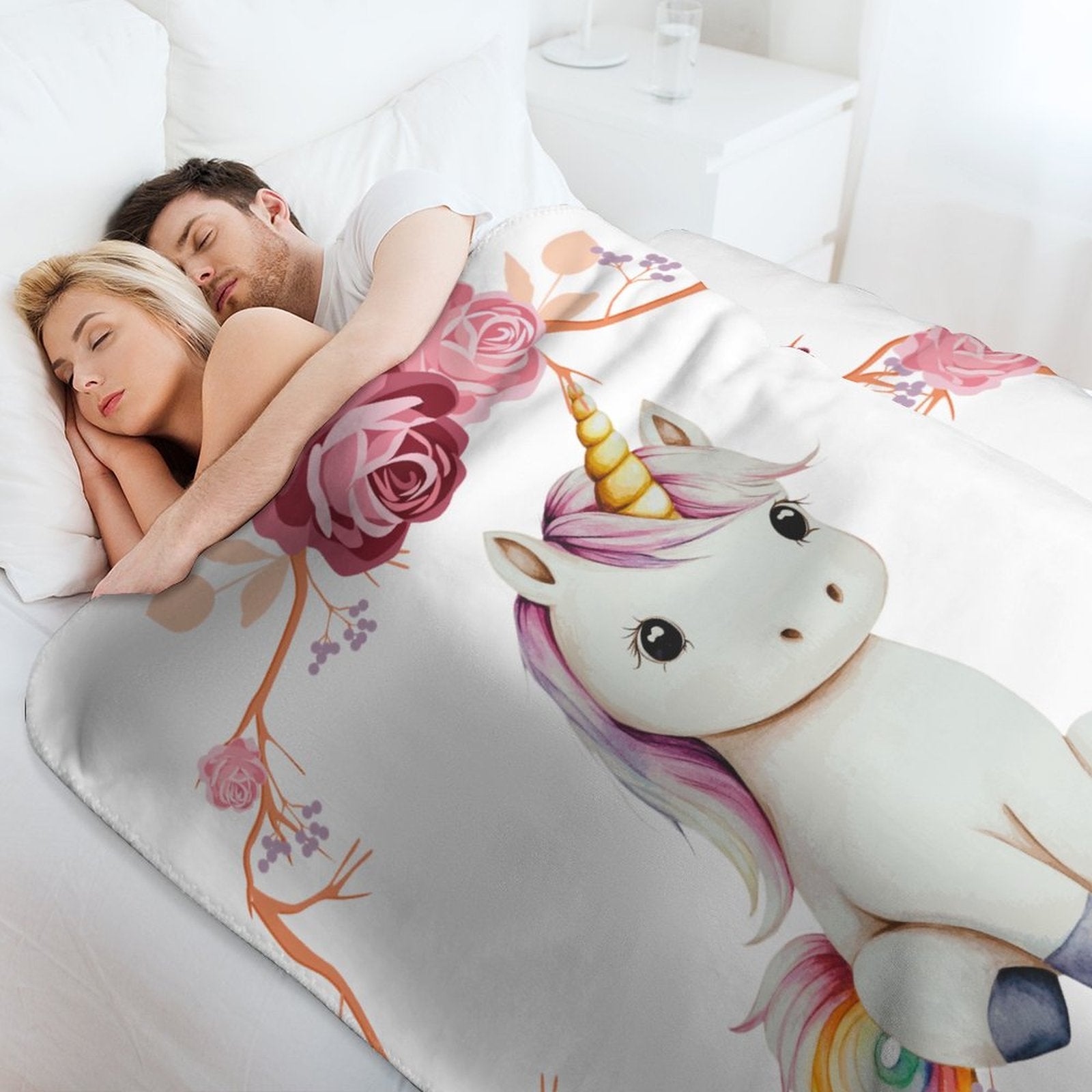 Baby Unicorn with Pink Roses Ultra-Soft Micro Fleece Throw Blankets