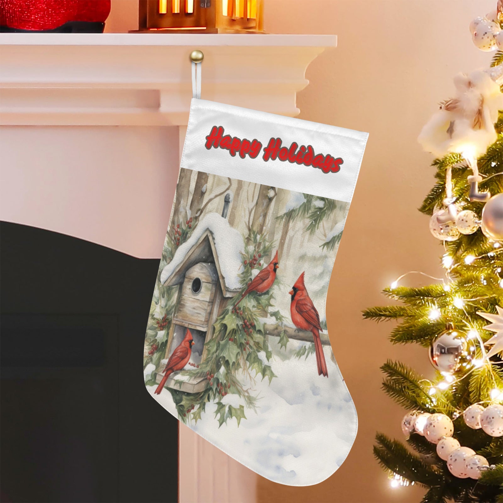 Happy Holidays Red Birds in Snow Christmas Stocking - Double sided print (Made in USA)