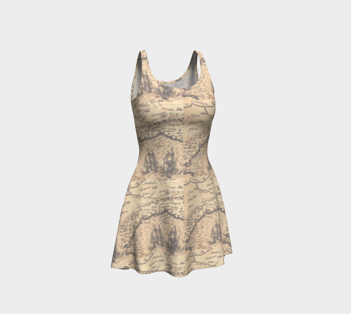 Old World Map Beige Sleeveless Short Flared Dress