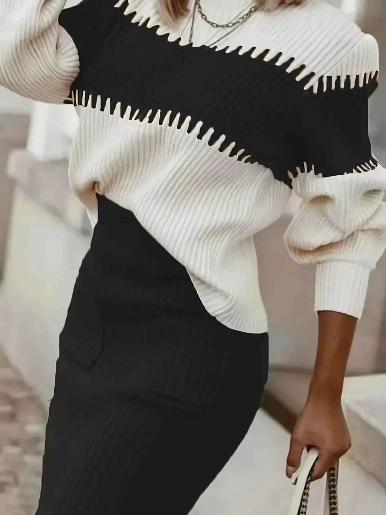Two-Tone Ribbed Knit Top & Skirt Set Sweater Outfit