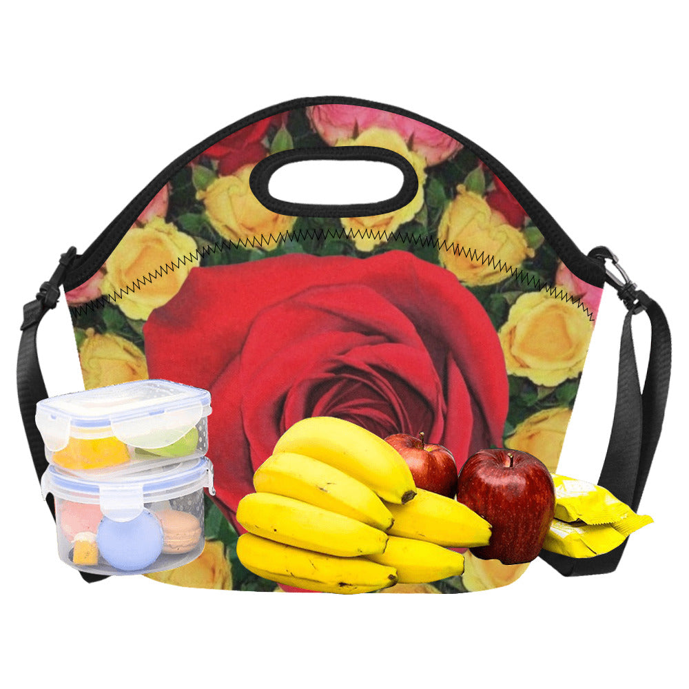 Red and Yellow Roses Large Neoprene Lunch Bag with Strap