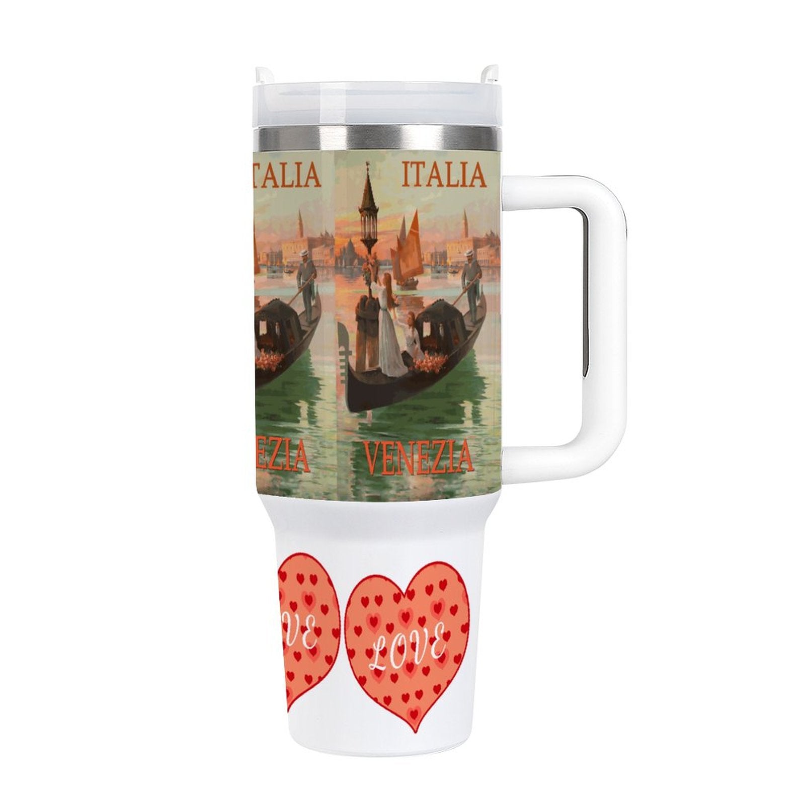 Travel mug with 'Italia Venezia' design featuring gondolas and 'Love' hearts on a white background.