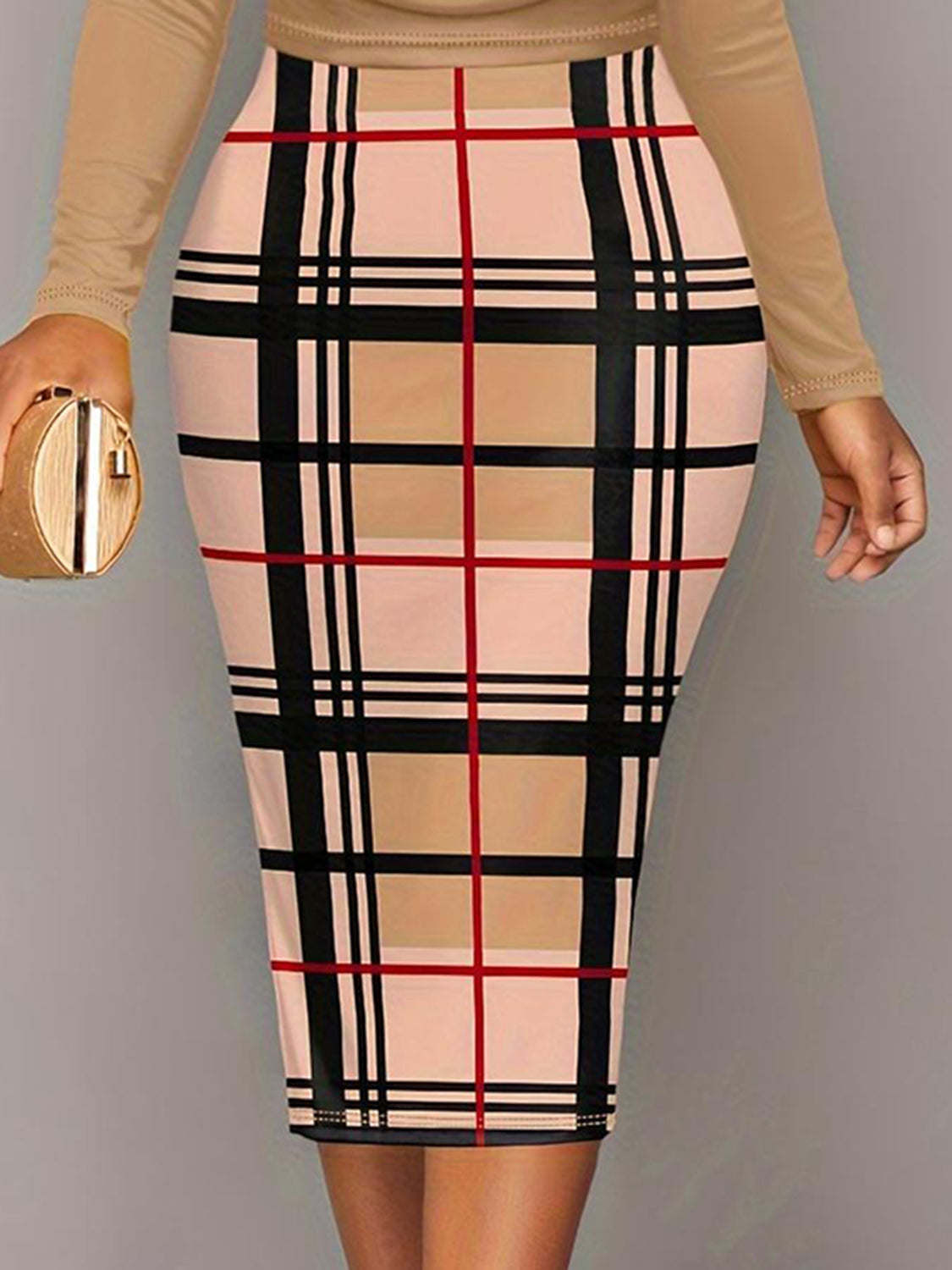 Women's Plus Size Plaid Long Sleeve Knee Length Dress