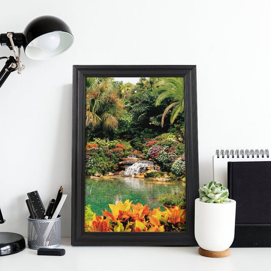 Serene Tropical Garden and Waterfall European Style Framed Art Print  - 16" × 24"