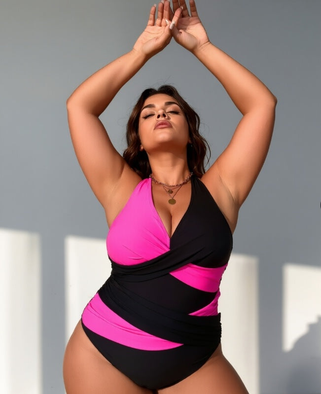 Women's Magenta & Black Plus Size One-piece Casual Swimsuit