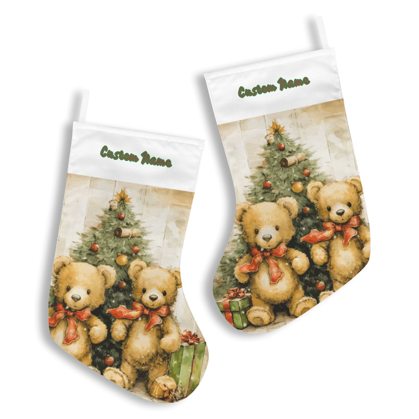 Personalizable Teddy Bears under Christmas Tree Christmas Stocking (Made in USA)
