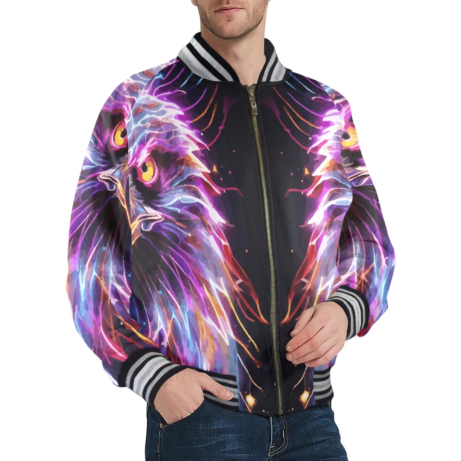 Men's Electric Eagle Striped Trim Bomber Jacket