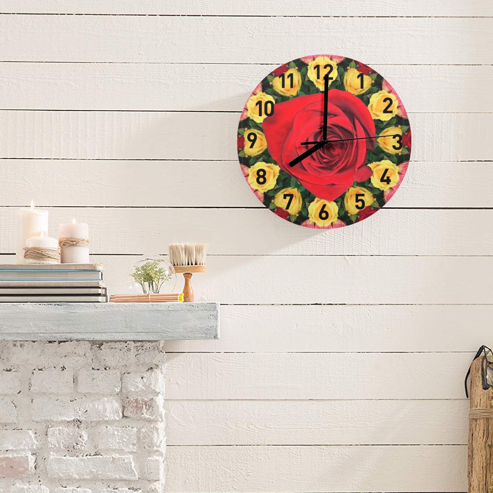 Yellow and Red Roses Round Wall Clock (Made in USA)