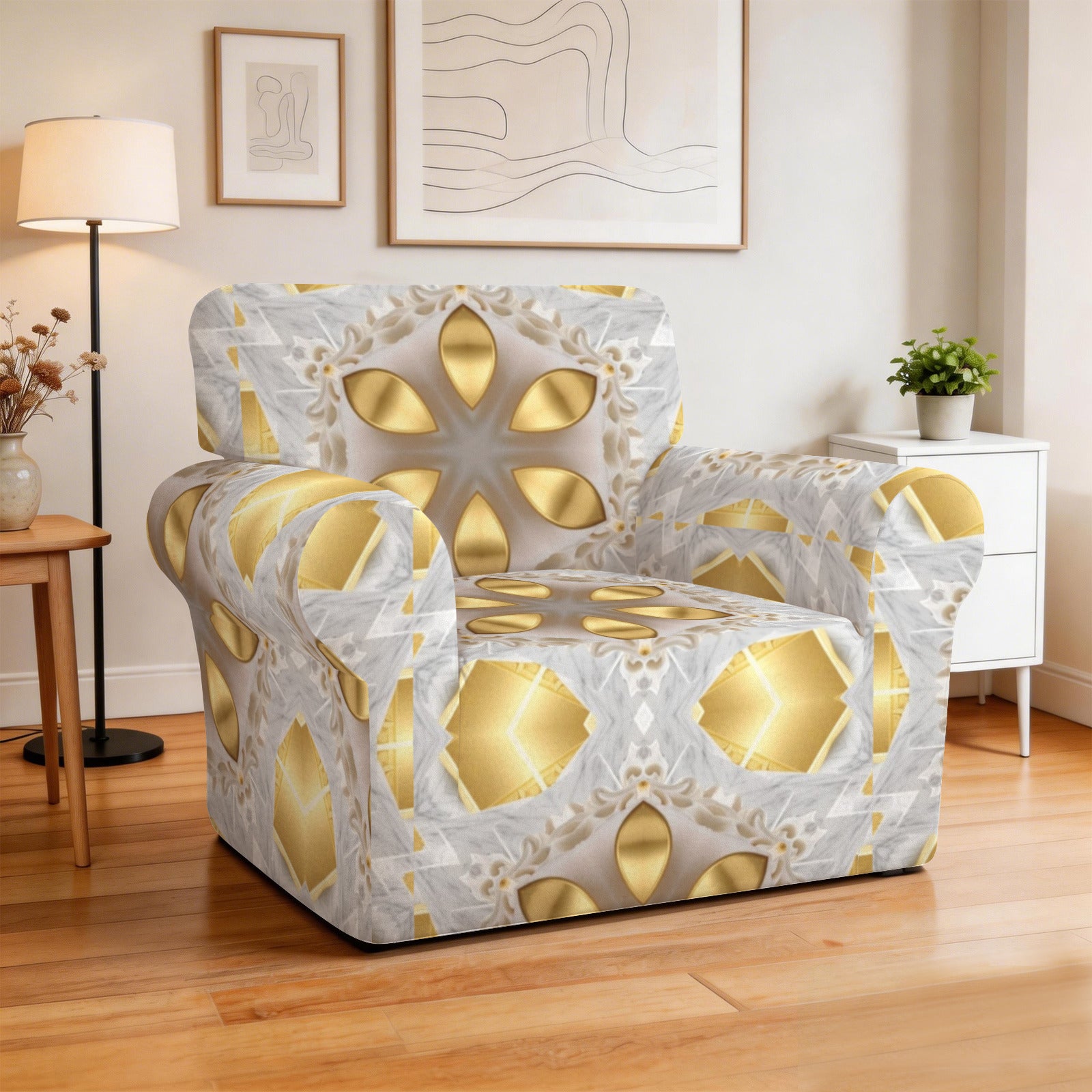 Golden Stars on White Background Single Seater Sofa Chair Cover | Ships from USA