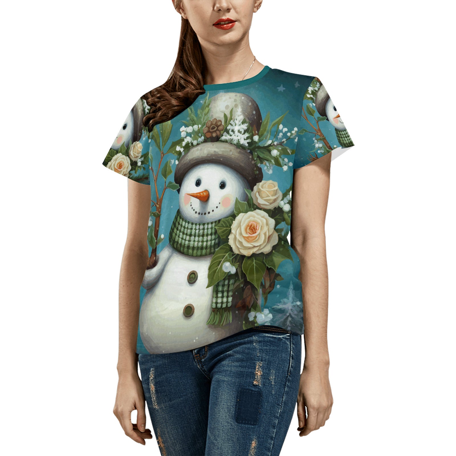 Women's Teal Snowman Printed T-shirt (Made in USA)