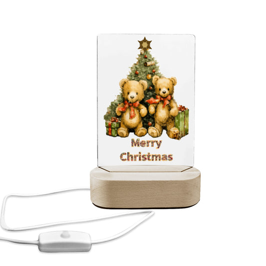 Merry Christmas Teddy Bears Acrylic Night Light with Wood Stand (Made in USA)