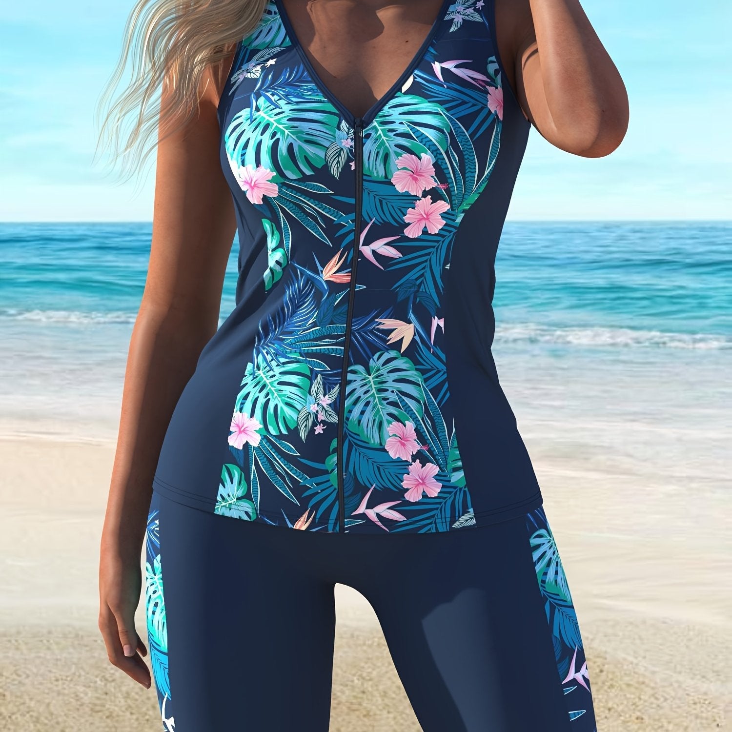 Trendy Blue Striped Tankini Swimsuit Set for Women, Perfect for Beach Leisure.