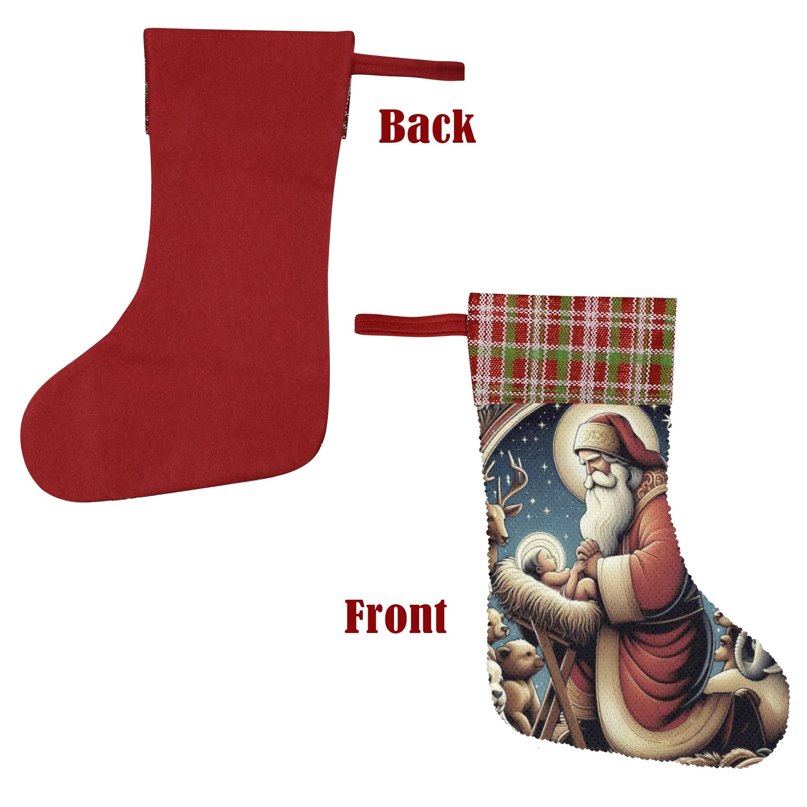Santa with Baby Jesus Sequin Christmas Stocking (Made in USA)