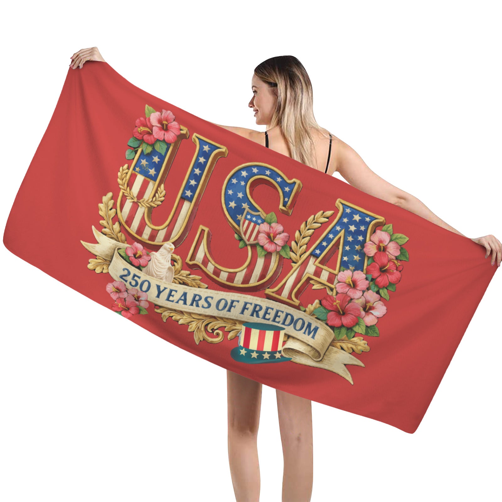 Woman holding a red towel with 'USA 250 Years of Freedom' design on a white background