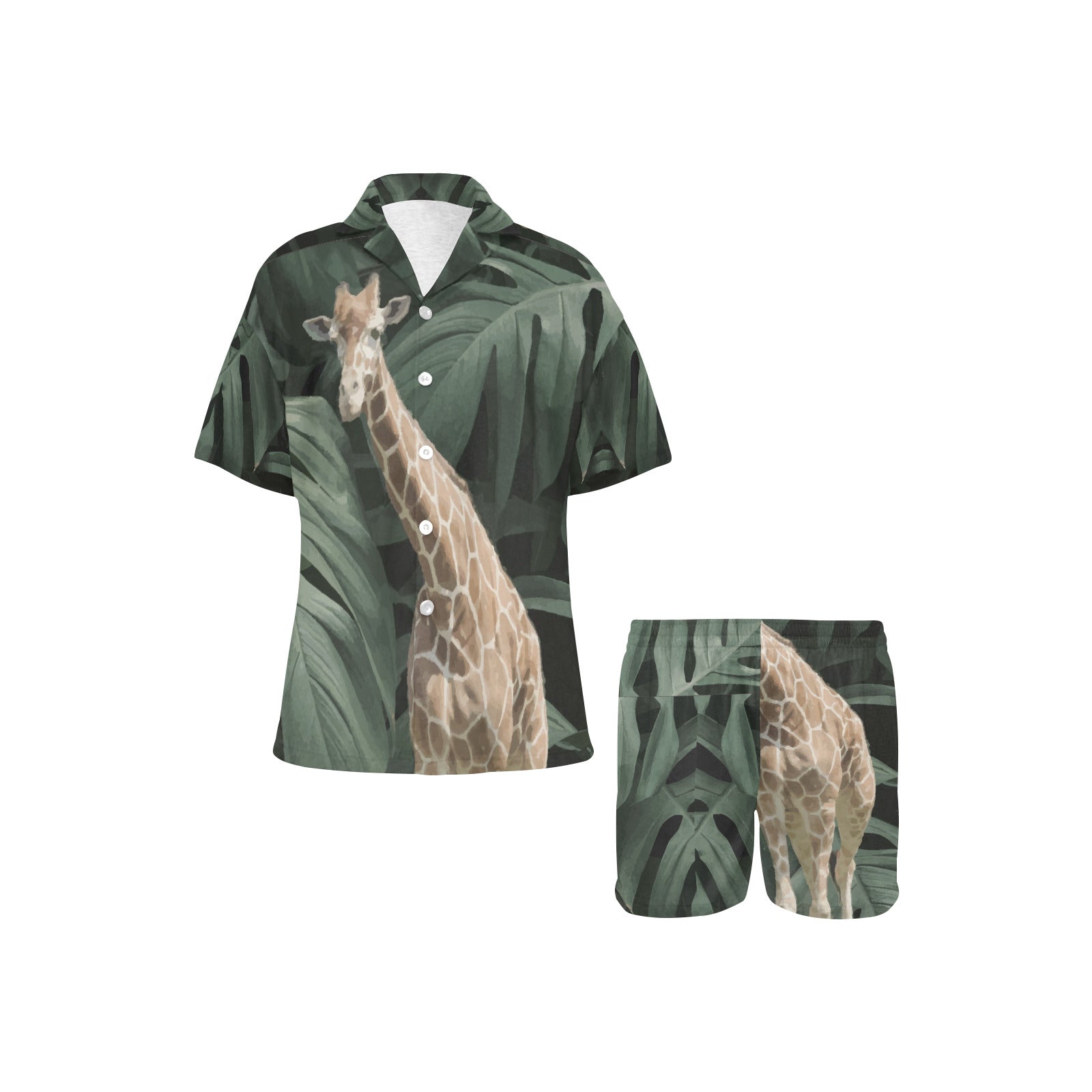 Women's Green Giraffe Button Front Shorts & Shirt Pajama Set (Made in USA)