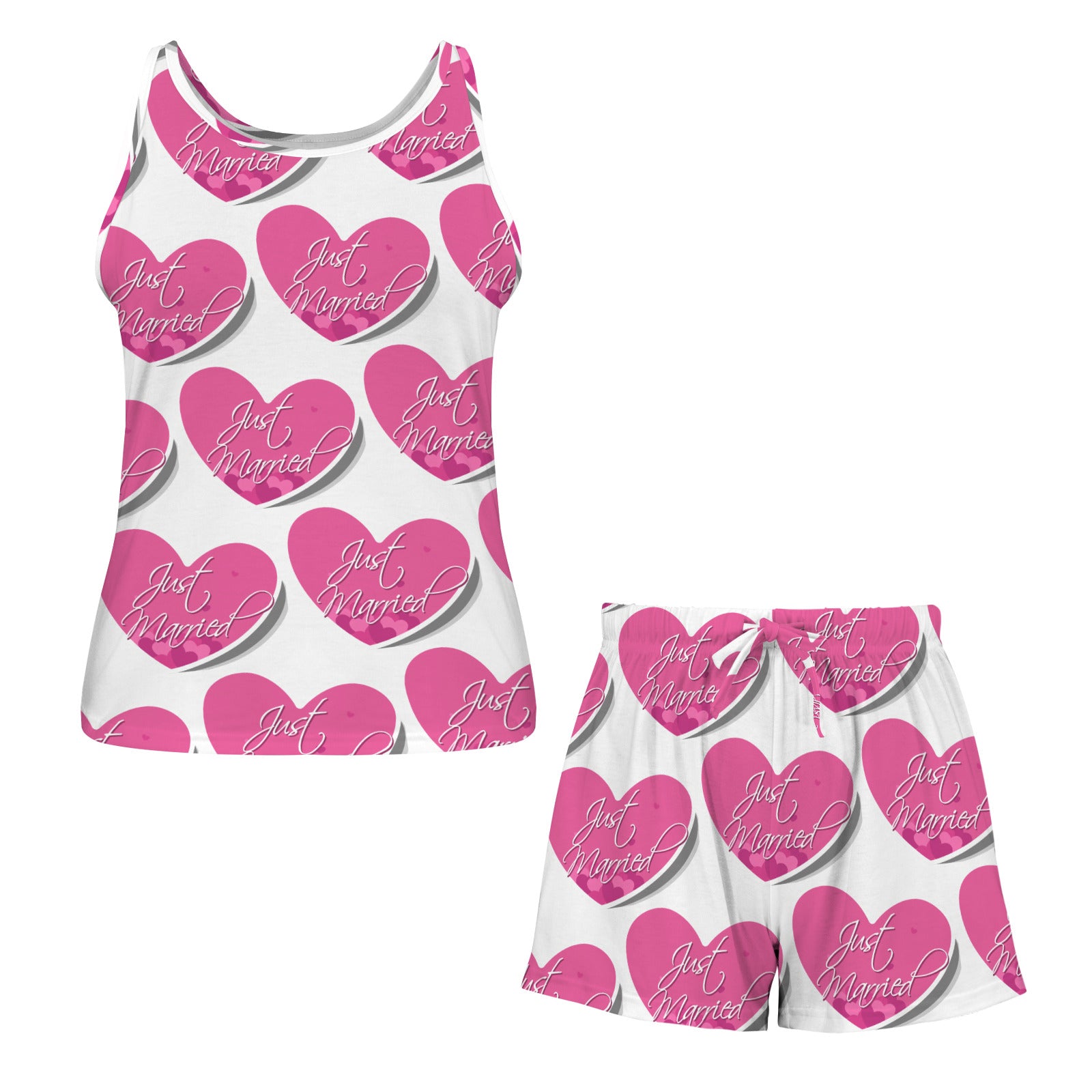 Just Married Pink Hearts Women's 2-piece Tank Top Pajama Shorts Set (Made in USA)