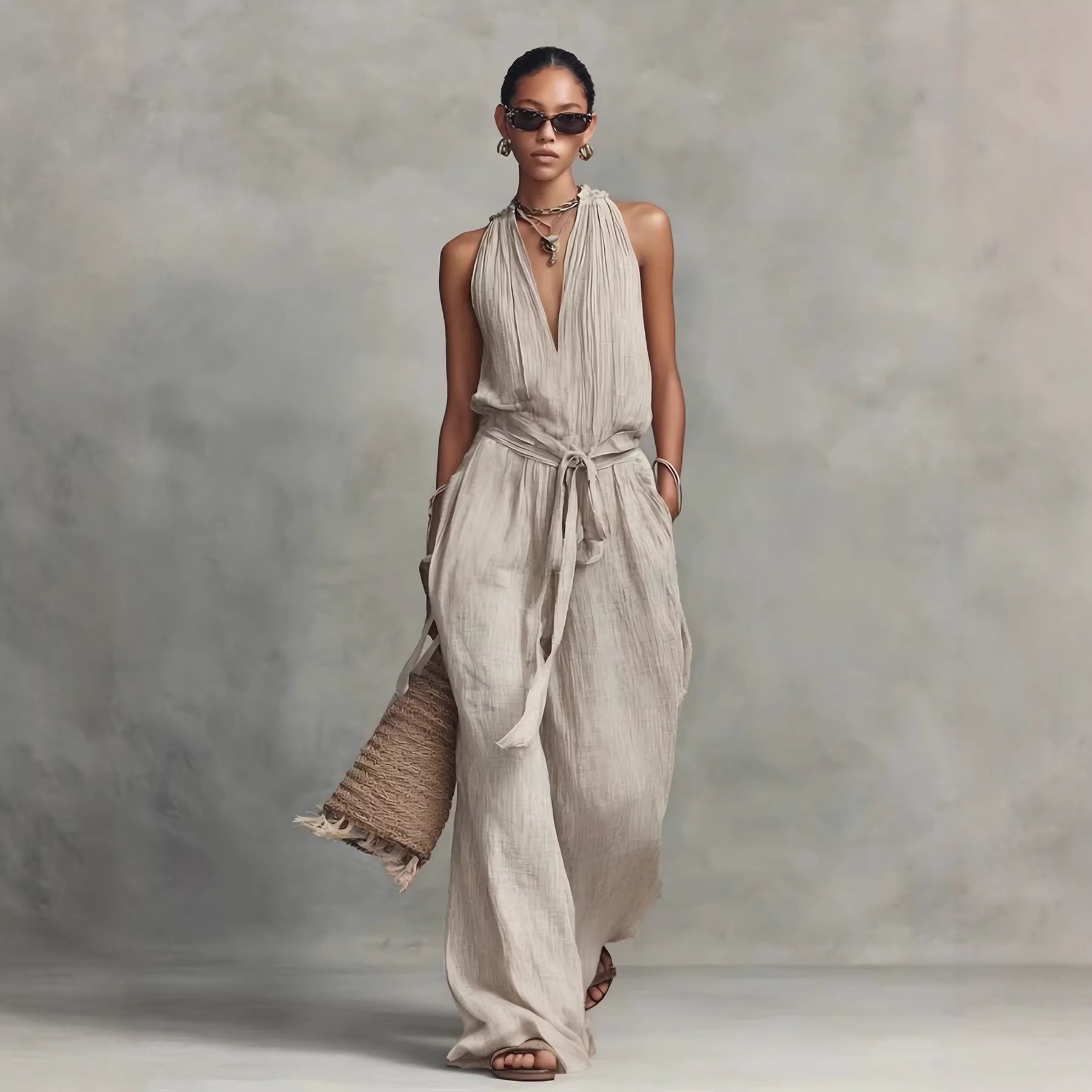 Women's Casual Belted Sleeveless Cotton-blend Jumpsuit