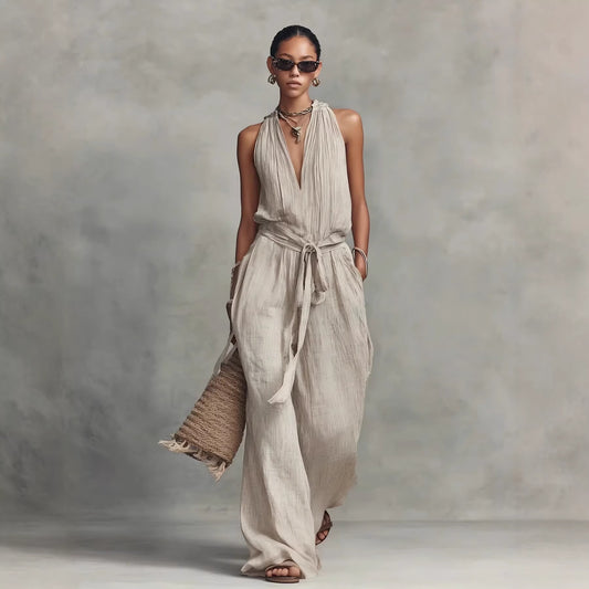 Women's Casual Belted Sleeveless Cotton-blend Jumpsuit