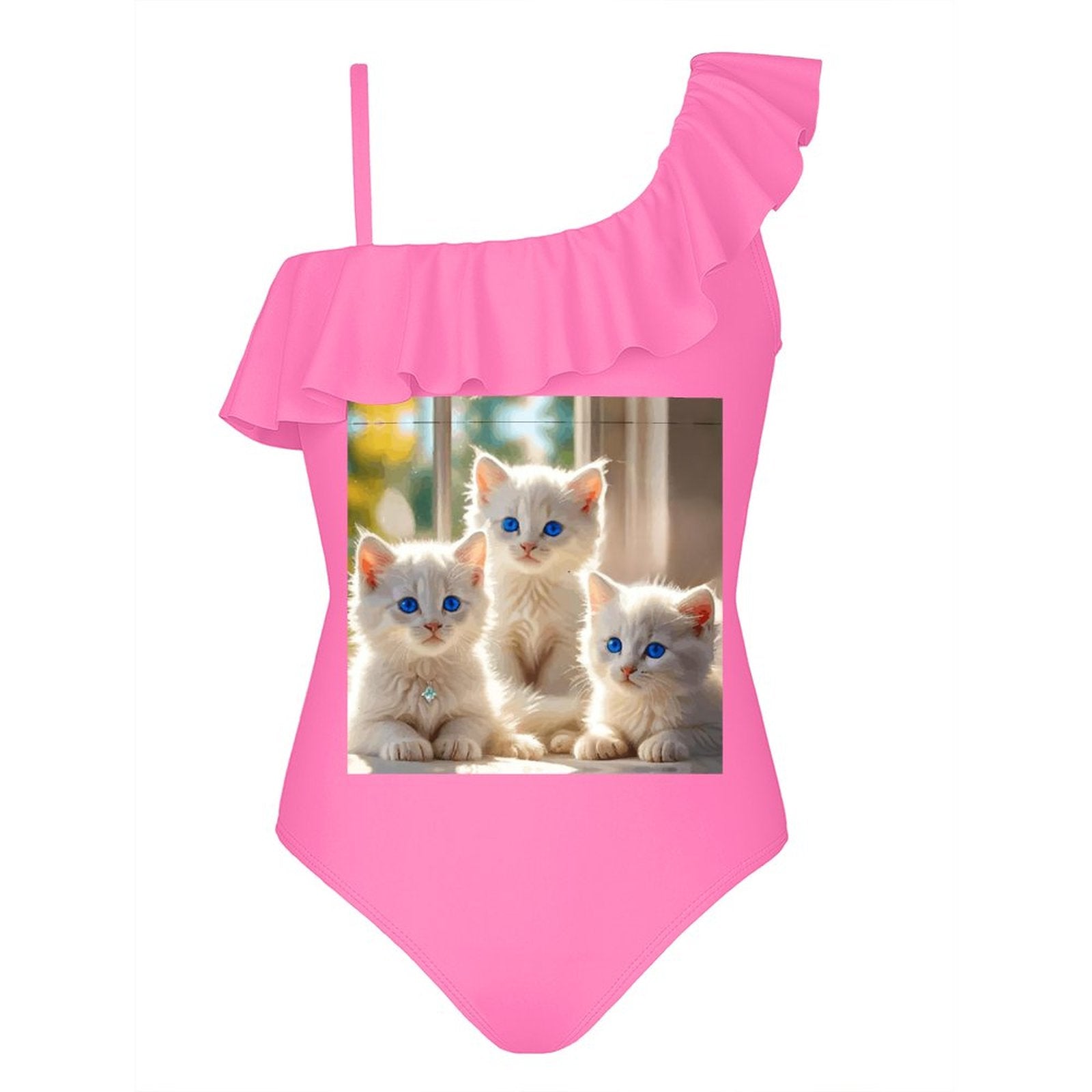 Fluffy White Kittens with Blue Eyes Girls' Ruffled One-Piece Swimsuit (Front Printing)
