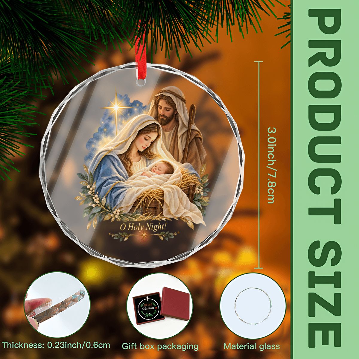 O Holy Night Baby Jesus Round Glass Christmas Ornament (Made in USA)