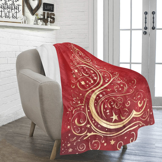 Gold Christmas Tree on Red Ultra-Soft Micro Fleece Blanket (Made in USA)